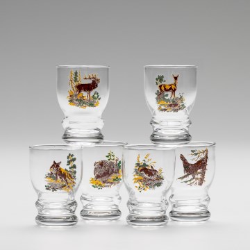 Juego de 6 copas de licor transparentes - motivo de caza