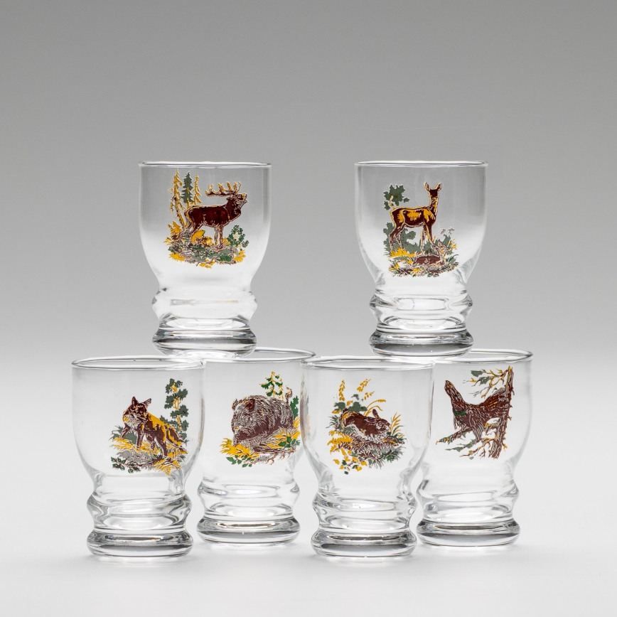Juego de 6 copas de licor transparentes - motivo de caza