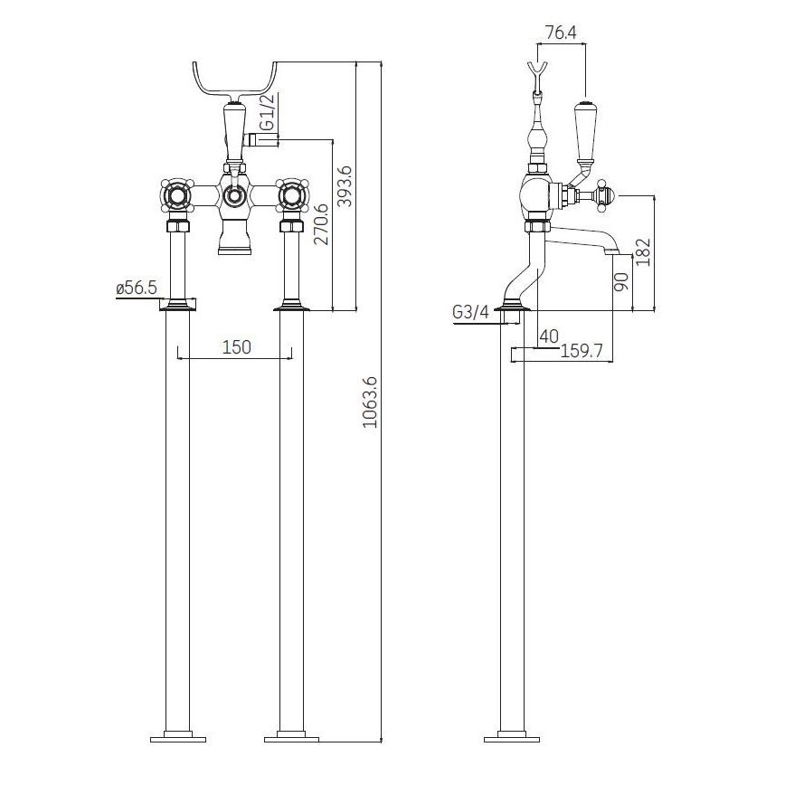 Juego de bañera exenta con grifería, 106,3 cm, acabado en cromo brillante