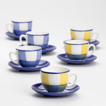 Juego de cafe 6x taza de cerámica Tereza con un platillo blanco azul amarillo