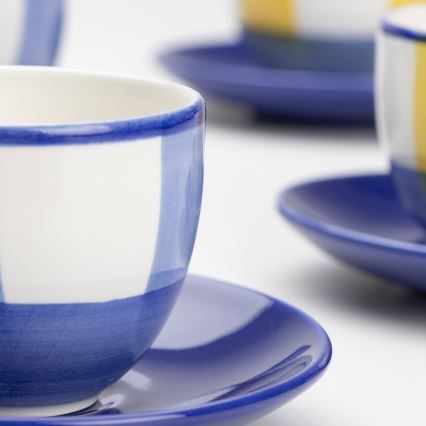 Juego de cafe 6x taza de cerámica Tereza con un platillo blanco azul amarillo