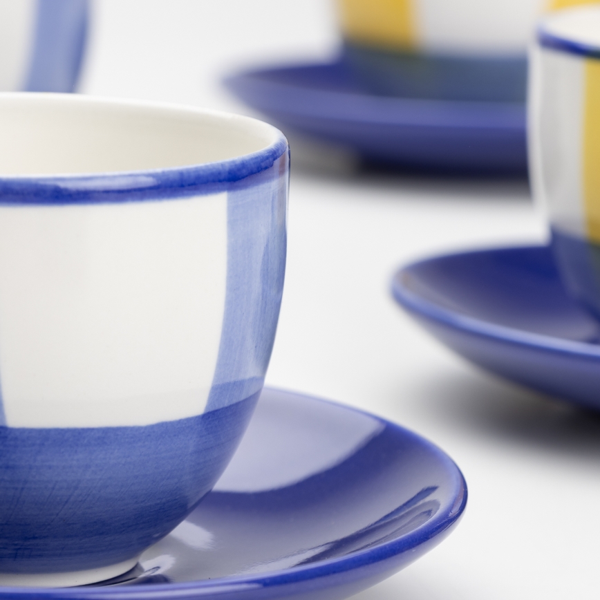 Juego de cafe 6x taza de cerámica Tereza con un platillo blanco azul amarillo