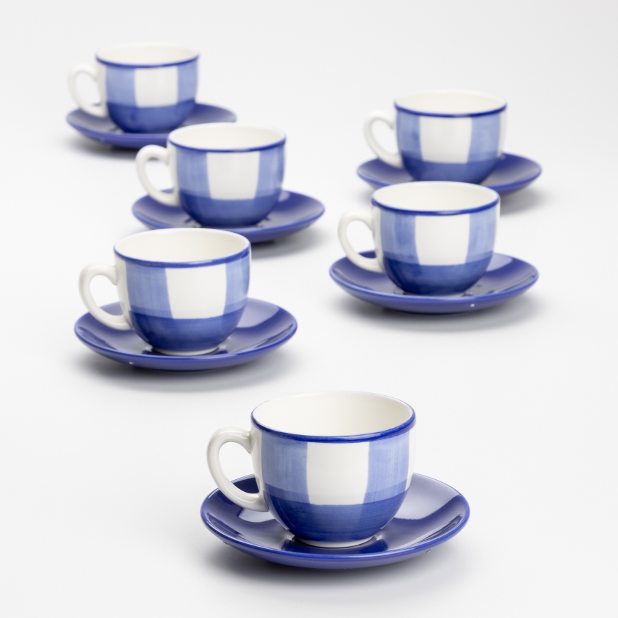 Juego de cafe 6x taza de cerámica Tereza con un platillo blanco azul amarillo