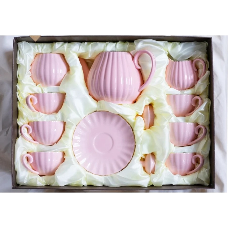 Juego de café de porcelana, 15 piezas, color rosa