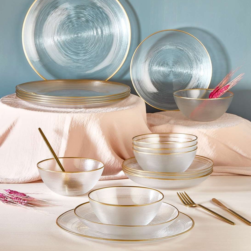 Juego de comedor de 18 piezas, vidrio transparente con acabado dorado