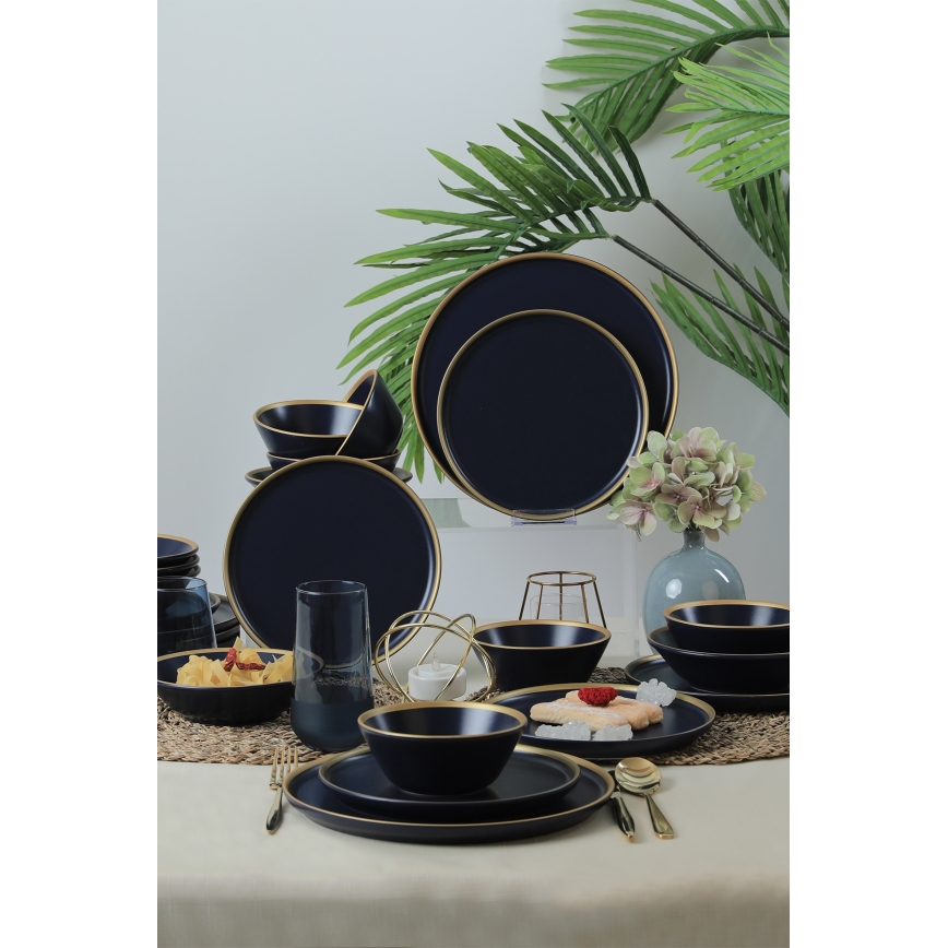 Juego de vajilla 24 piezas azul/dorado/cerámica