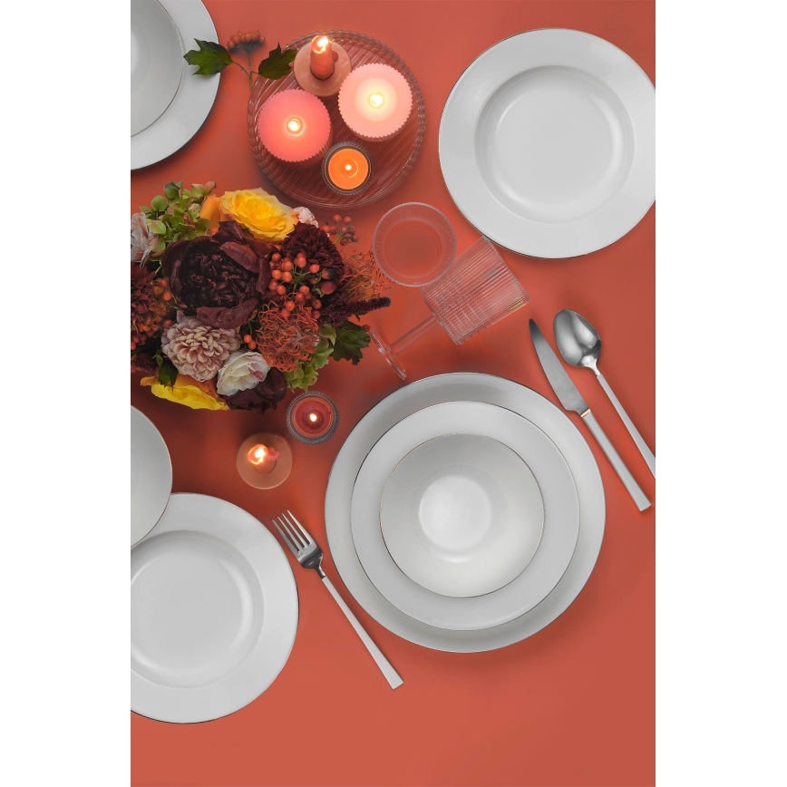 Juego de vajilla de 18 piezas blanca/plateada/porcelana