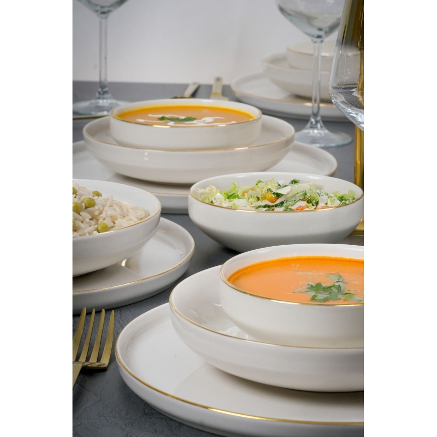 Juego de vajilla de 18 piezas de porcelana blanca con detalles dorados