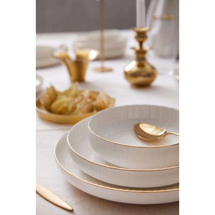 Juego de vajilla de 18 piezas, porcelana blanca con detalles dorados