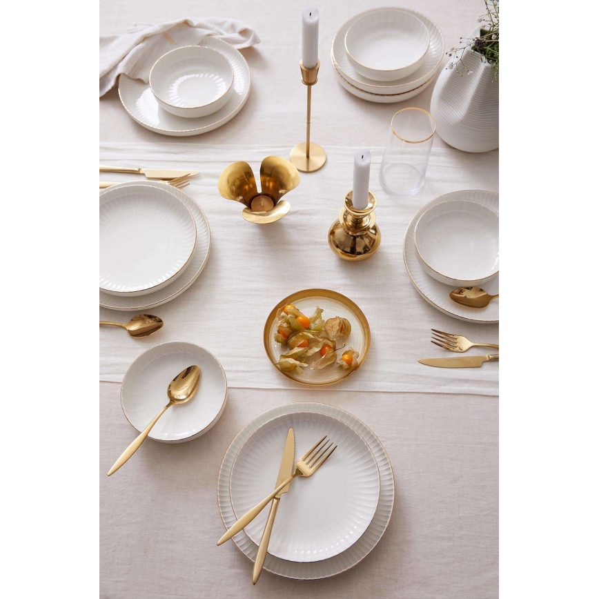 Juego de vajilla de 18 piezas, porcelana blanca con detalles dorados