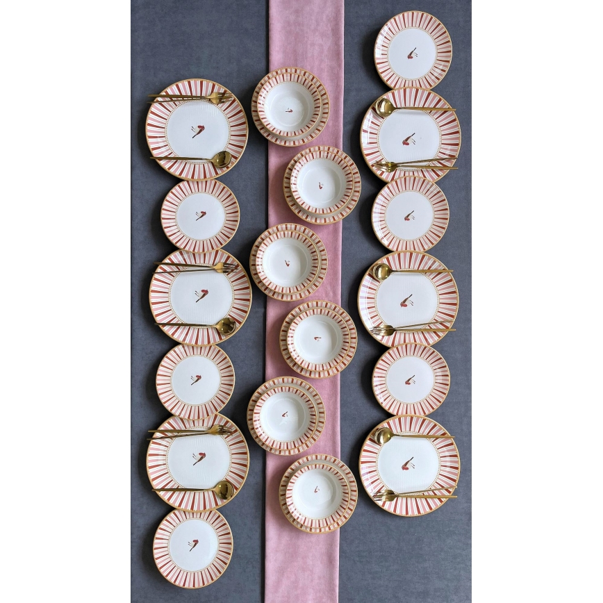 Juego de vajilla de 24 piezas blanco/rojo/dorado/cerámica