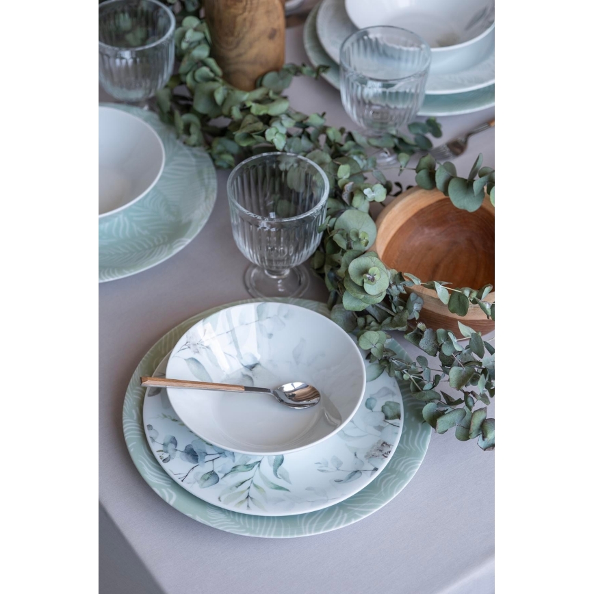 Juego de vajilla de 24 piezas, blanco/verde, porcelana
