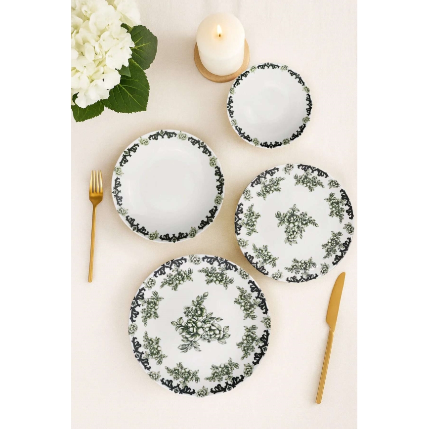 Juego de vajilla de 24 piezas blanco/verde/porcelana