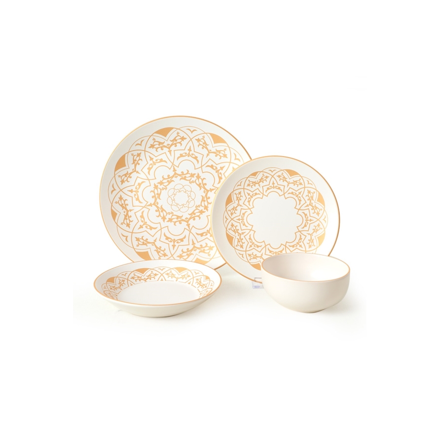 Juego de vajilla de 24 piezas, cerámica, blanco/dorado