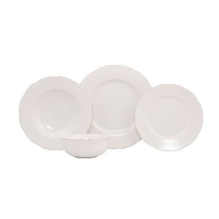 Juego de vajilla de 24 piezas de porcelana, blanco con detalles plateados