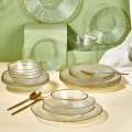 Juego de vajilla de 24 piezas, vidrio transparente con acabado dorado
