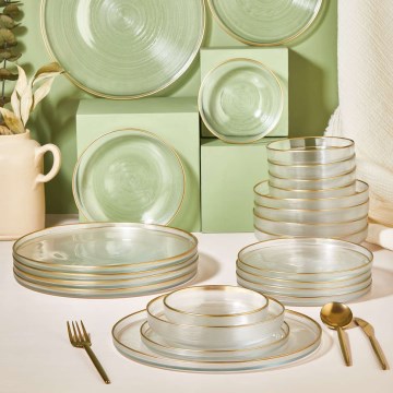 Juego de vajilla de 24 piezas — cristal transparente con detalles dorados