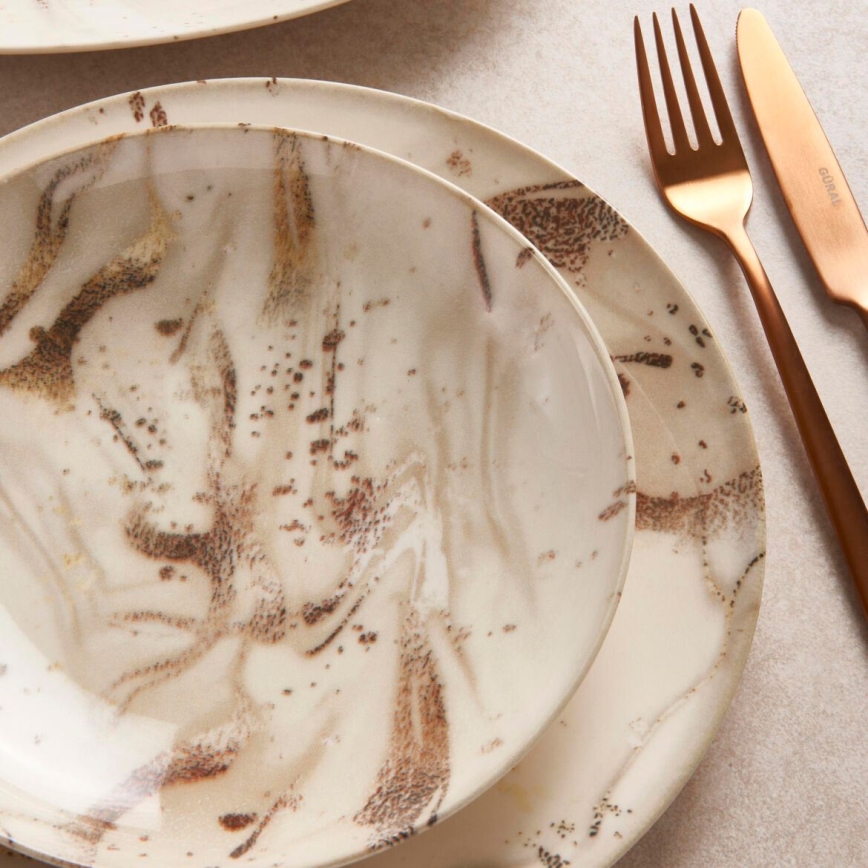 Juego de vajilla de 26 piezas, beige/marrón, en porcelana