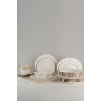 Juego de vajilla de 26 piezas de porcelana, color blanco/plata/marfil