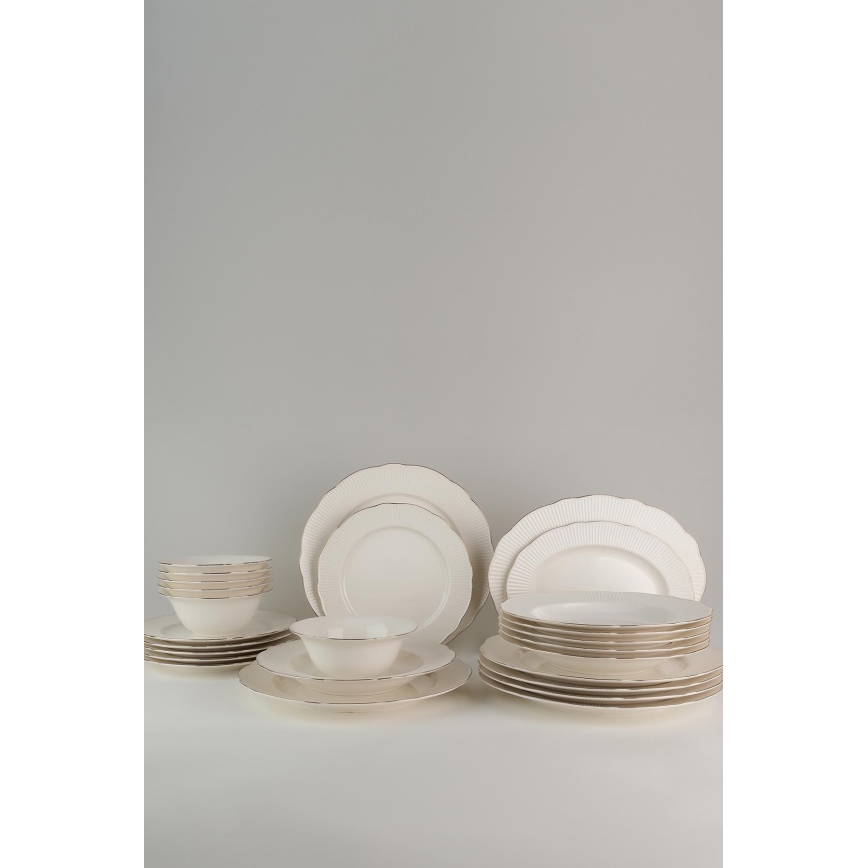 Juego de vajilla de 26 piezas de porcelana, color blanco/plata/marfil