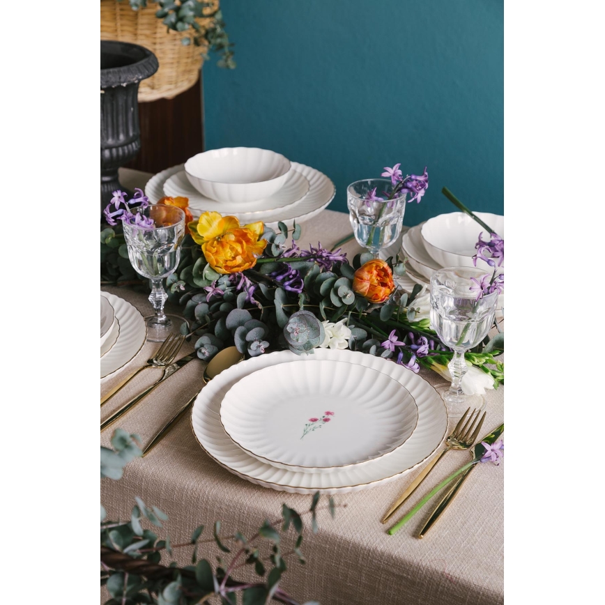 Juego de vajilla de 27 piezas en porcelana blanca con detalles dorados