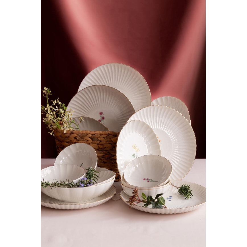 Juego de vajilla de 27 piezas en porcelana blanca con detalles dorados