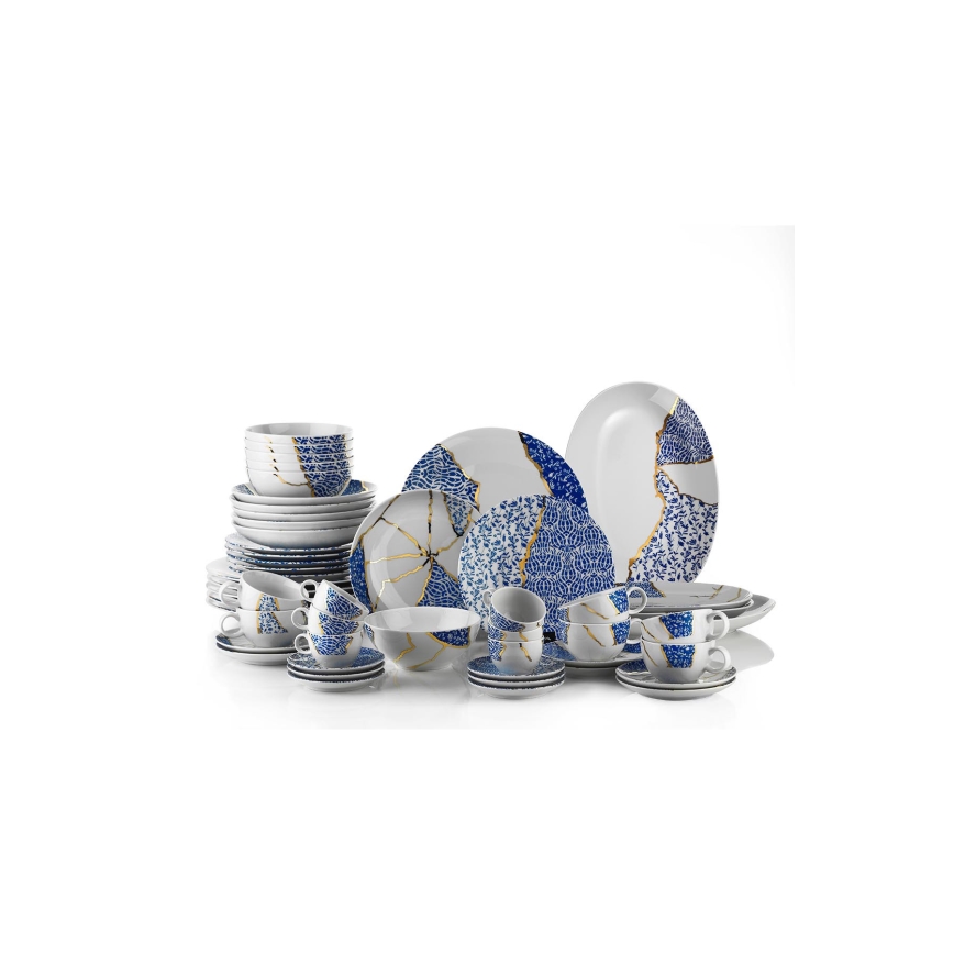 Juego de vajilla de 28 piezas blanco/dorado/azul/porcelana