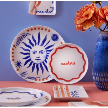 Juego de vajilla de porcelana de 12 piezas, rojo/azul/blanco