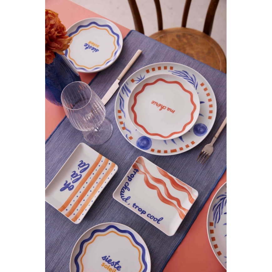 Juego de vajilla de porcelana de 12 piezas, rojo/azul/blanco