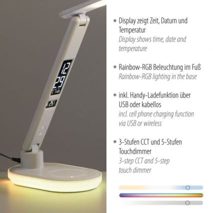 JUST LIGHT. 11018-16 - Lámpara de mesa táctil regulable LED RGBW con carga inalámbrica TINA LED/4W/230V blanca