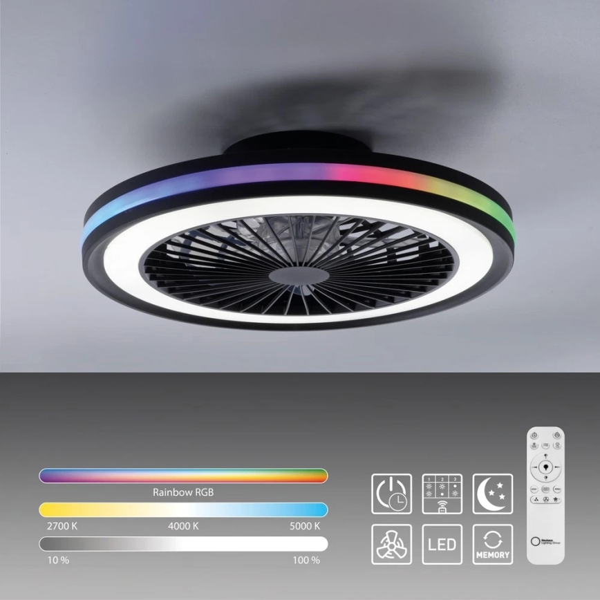 JUST LIGHT. 14649-18 - Ventilador de techo LED RGBW regulable con luz BRANDON LED/36W/230V 2700-5000K diámetro 46,5 cm negro + mando a distancia