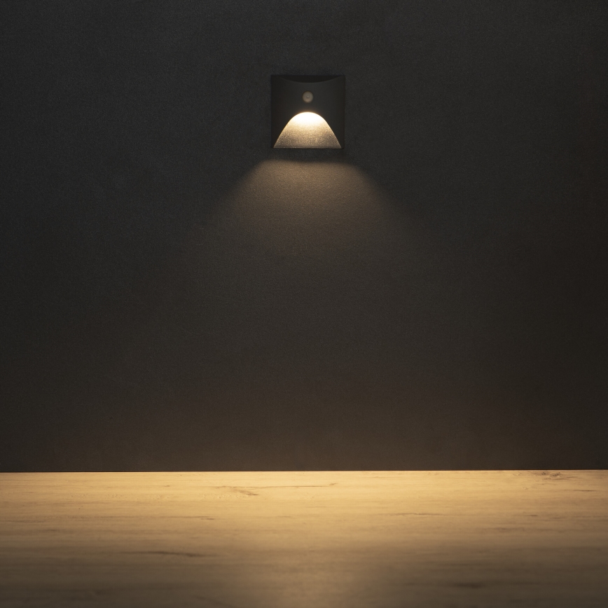 Luminaria LED para escalera con sensor de movimiento y detector de crepúsculo EXIN LED/2,5W/230V 3000K IP65 antracita cuadrada