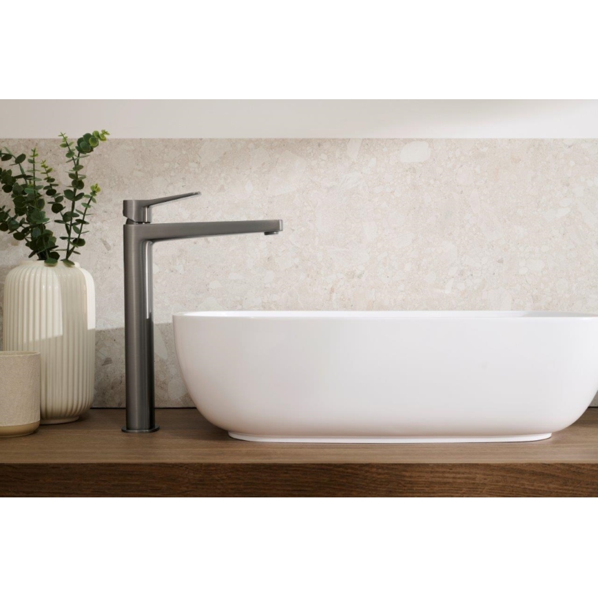 KFA Armatura 4522-712-61 - Grifo de lavabo + válvula de desagüe MALAGA 30,3 cm, gris metálico
