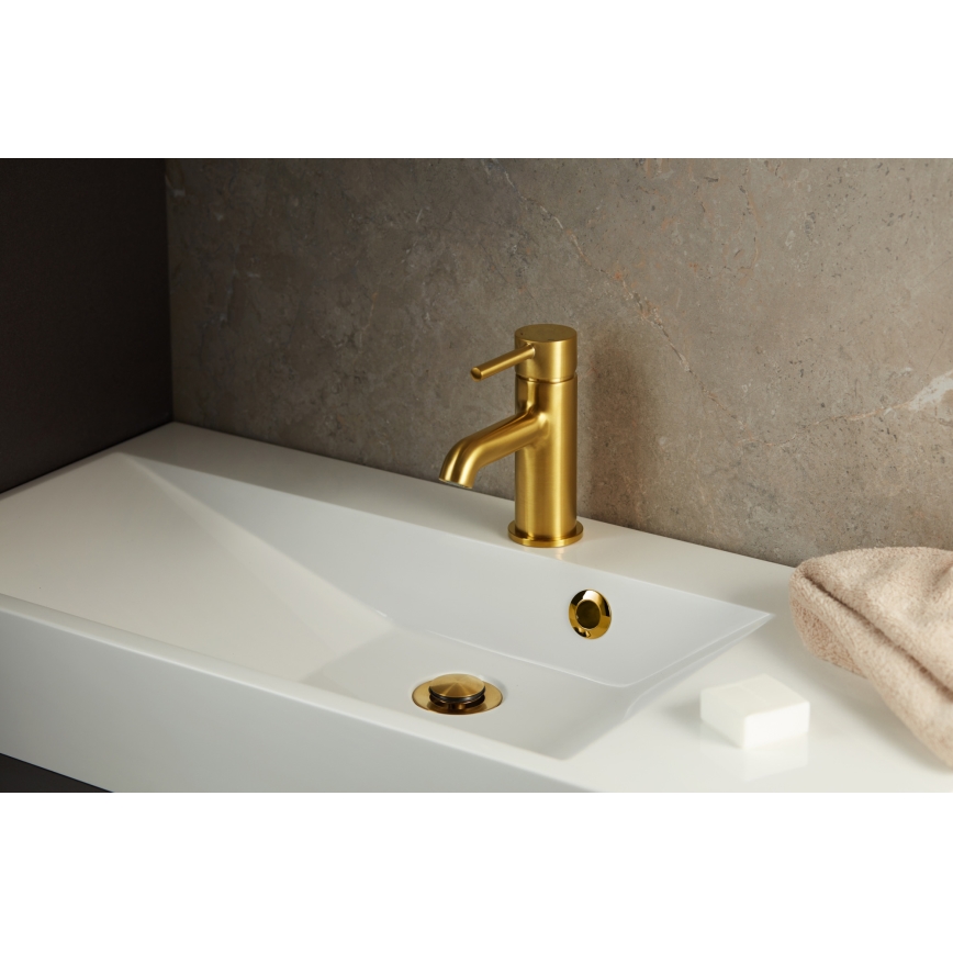 KFA Armatura 5032-815-31 - Grifo de lavabo + desagüe con rebosadero MOZA 15,2 cm cortado dorado
