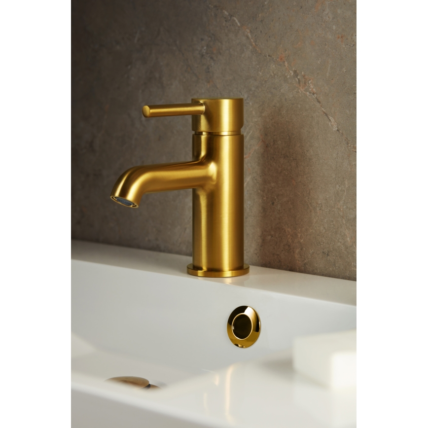 KFA Armatura 5032-815-31 - Grifo de lavabo + desagüe con rebosadero MOZA 15,2 cm cortado dorado
