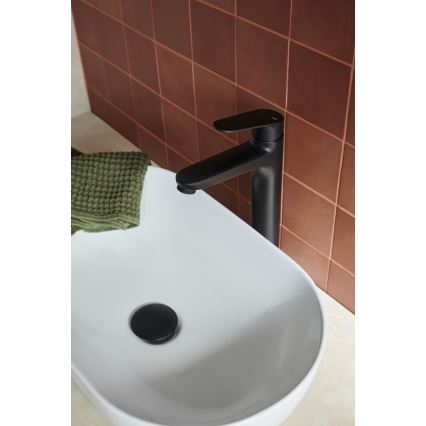 KFA Armatura 5552-712-81 - Grifo para lavabo + desagüe con rebosadero OTAVA 30,2 cm negro mate