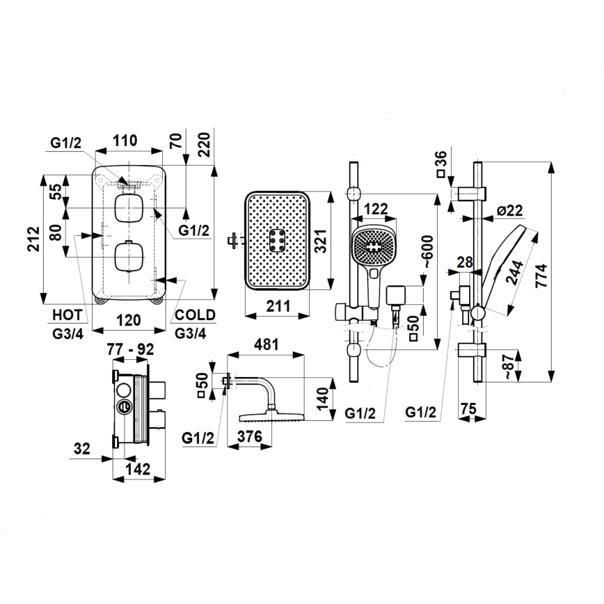 KFA Armatura 5759-301-31 - Kit de ducha con grifería termostática empotrada MALAGA, acabado en oro cepillado