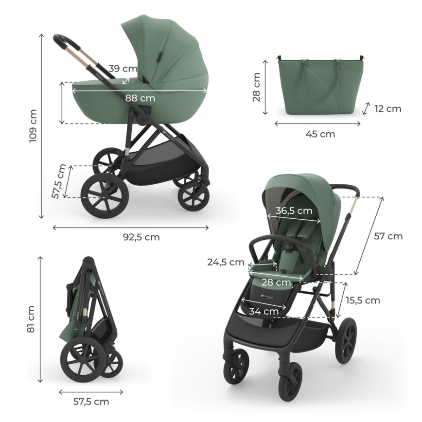 KINDERKRAFT - Cochecito combinable 3 en 1 PRIME 3 Verde oscuro