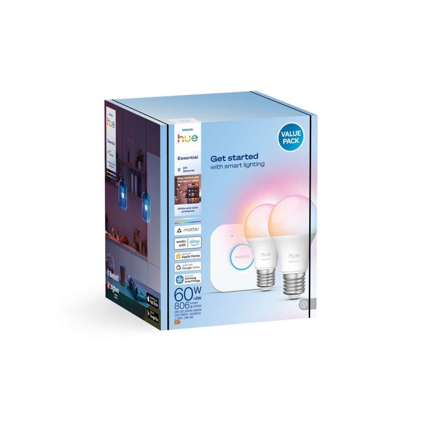 Kit básico Philips Hue White And Color Ambiance Essential 2xE27/8W/230V 2200-6500K + dispositivo de conexión