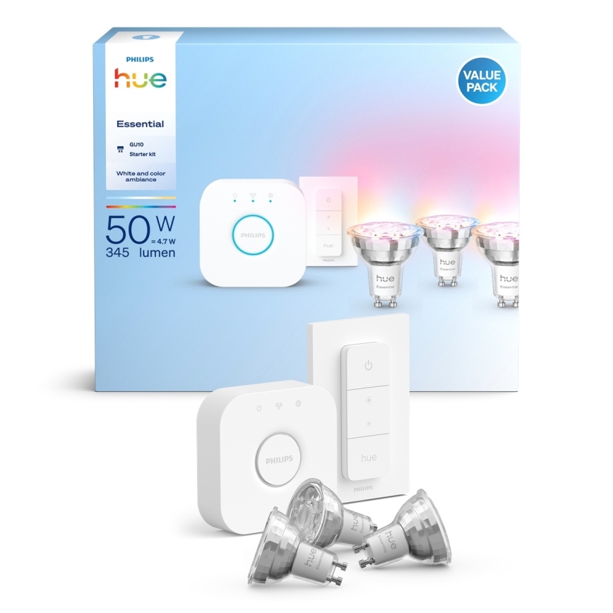 Kit básico Philips Hue White And Color Ambiance Essential 3xGU10/4,7W/230V 2200-6500K + dispositivo de conexión