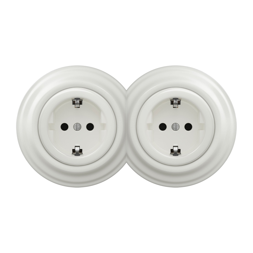 Kliklap - Doble toma de corriente de estilo retro para uso doméstico con marco SCHUKO 230V/16A blanco