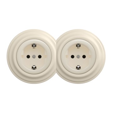 Kliklap - Enchufe doble retro para uso doméstico con marco SCHUKO 230 V/16 A beige
