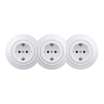 Kliklap - Enchufe triple doméstico de estilo retro con marco SCHUKO 230V, blanco nieve