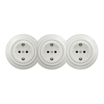 Kliklap - Enchufe triple retro para uso doméstico con marco SCHUKO 230V, cerámico blanco