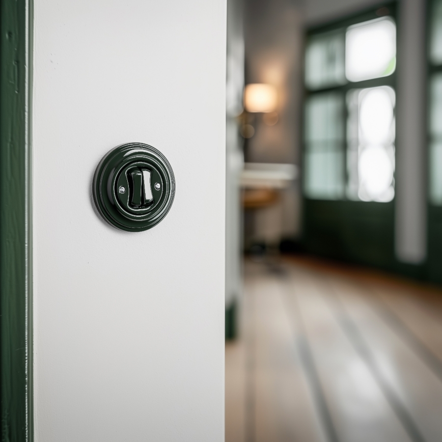 Kliklap - Interruptor de escalera doble estilo retro con marco n.º 6+6, verde