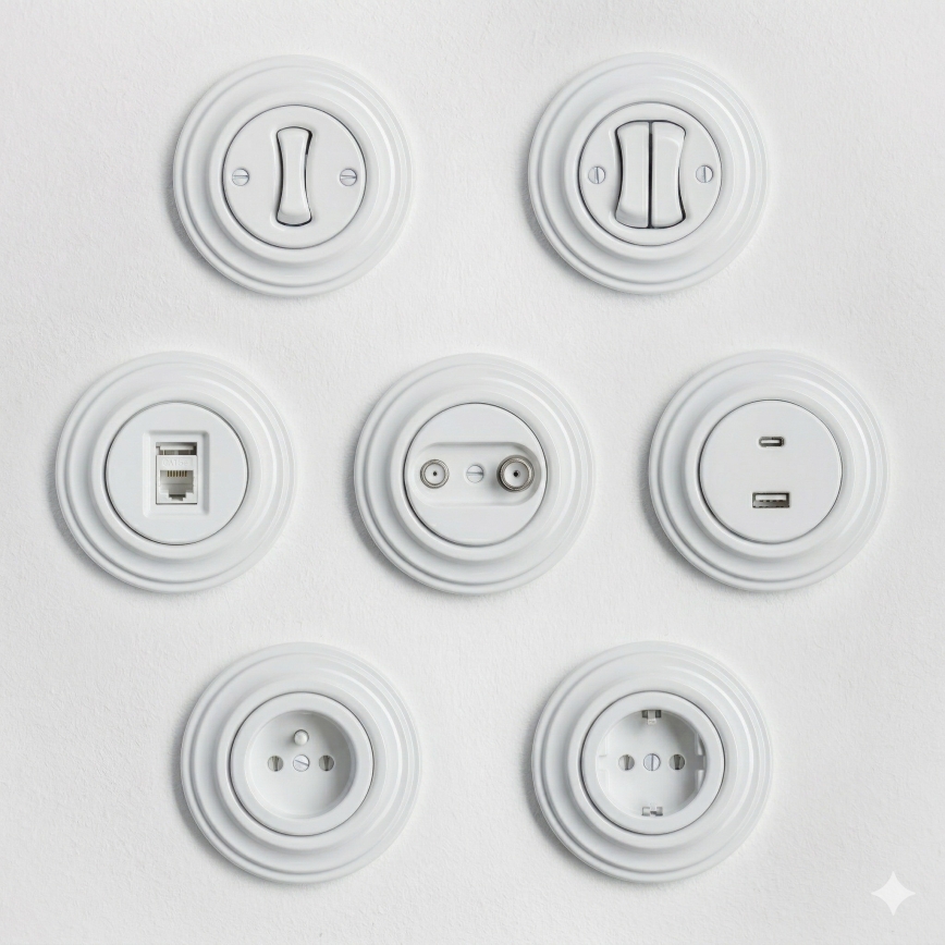 Kliklap - Interruptor de escalera retro con marco n.º 6, blanco nieve