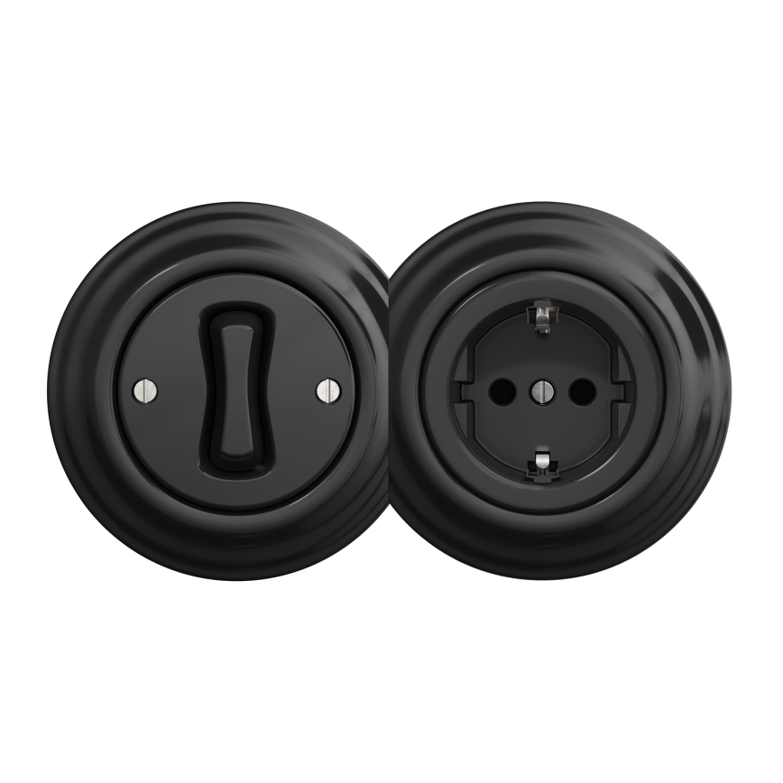 Kliklap - Interruptor retro unipolar n.º 1 y toma SCHUKO 230 V con marco negro