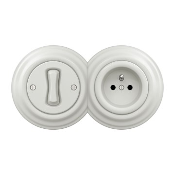 Kliklap - Retro interruptor unipolar n.º 1 y toma de corriente 230 V con marco, cerámica blanca