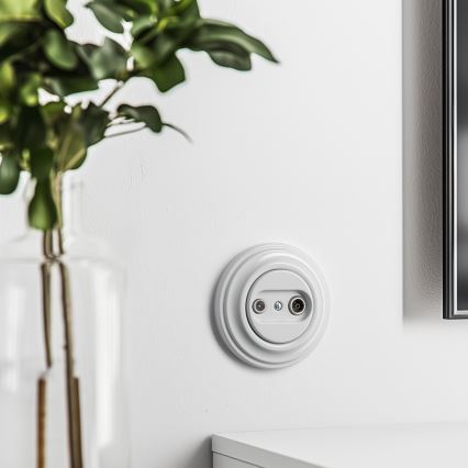 Kliklap - Toma de antena retro TV+Radio (pasante) con marco blanco nieve