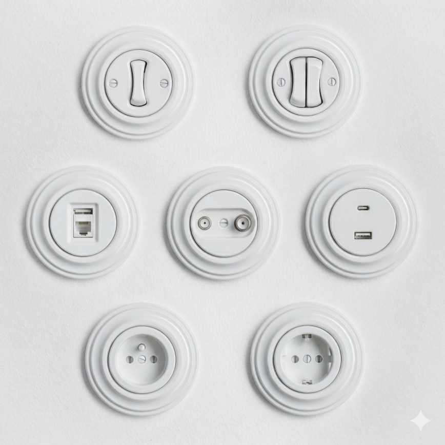 Kliklap - Toma de antena retro TV+Radio (pasante) con marco blanco nieve